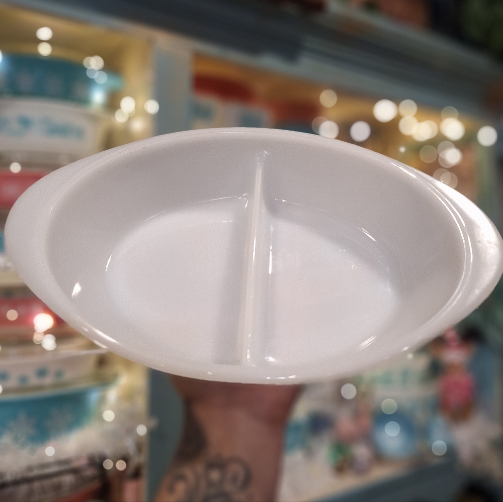 Glasbake Divided Serving Dish, Vintage White Casserole, Baking, Oven Ware